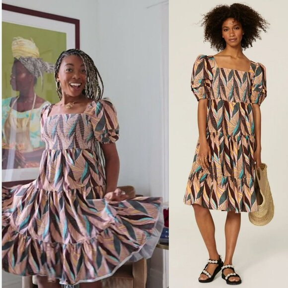 Autumn Adeigbo Della African Leaf Print Dress Smocked Pink Colorful - Picture 3 of 14